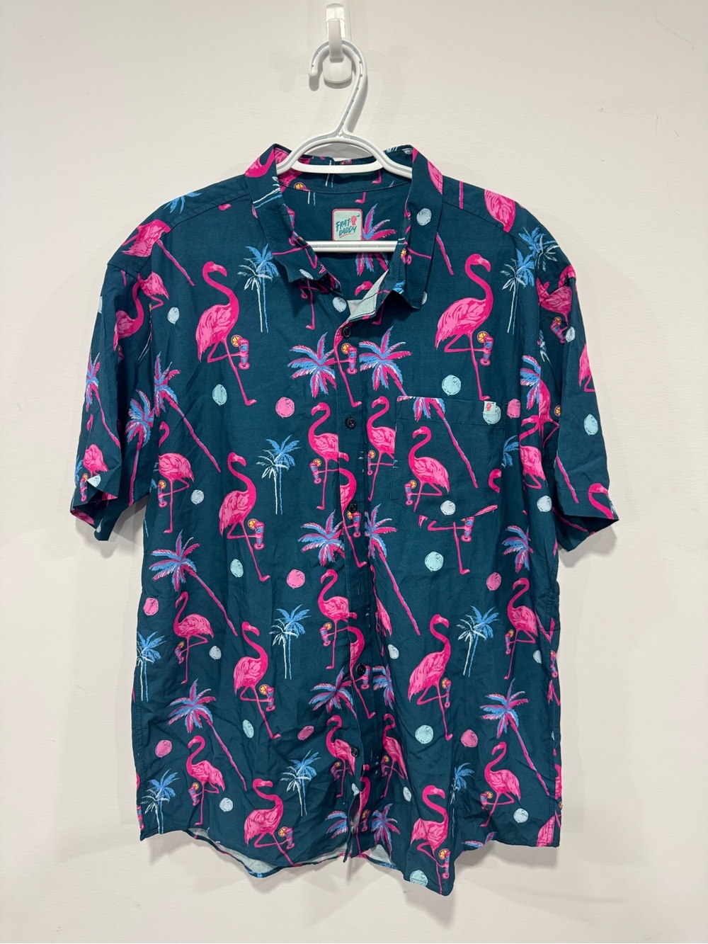 FRAT DADDY Quiet Storm Surf Tech Pink Flamingo Hawaiian Shirt Men's XL